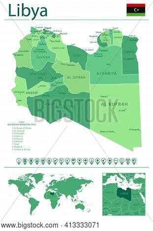 Libya Detailed Map And Flag. Libya On World Map.