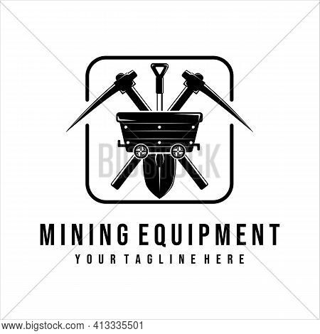 Mining Cart Logo Vector Vintage Illustration Illustration Template Design. Shovel And Pickax Tools F