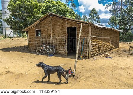 Sao Paulo, Brazil, February 16, 2017. House Of Clay Built And Stick A Pike And Paja Clay, In The Rur