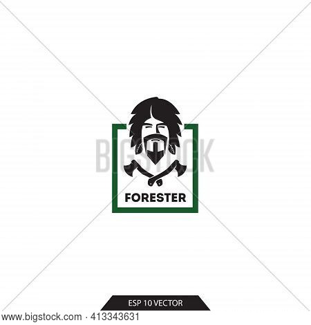 Forester Logo. Male Forester And Axes. Forest Guard Emblem. A Man With A Beard And Leaves On His Hai