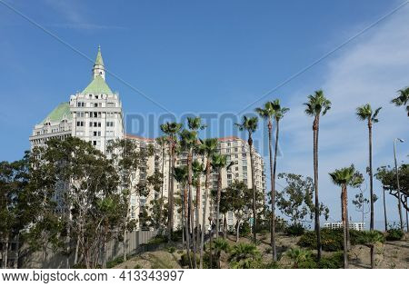 LONG BEACH, CA - FEBRUARY 21, 2015: Villa Riviera on Ocean Boulevard. The building completed in 1929 overlooks both the city and ocean is on the National Register of Historic Places.