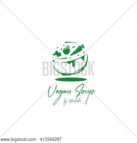 Organic Vegan Soup Logo Icon With Big Bowl And Flying Vegetables Illustration Elegant Premium Soup R
