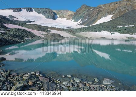 View Of The Melting Igan Glacier On A Sunny August Day. Mountains Of The Polar Urals, Russia