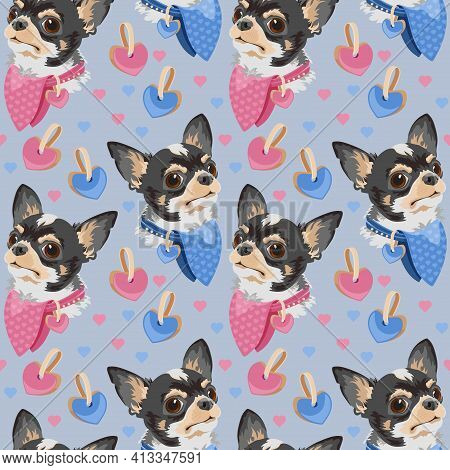 Dog Breed Chihuahua Seamless Pattern. Pet Head. Vector Flat Background.