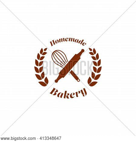 Homemade Bakery Bread Shop Store Logo Badge Symbol With Rolling Pin And Whisk Icon Element Vector