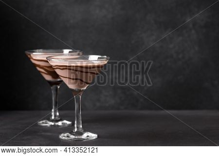 Chocolate Martini Cocktail On Dark Background, Copy Space. Mudslide Truffletini Cocktail.
