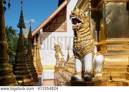The Lion Statue Decorated At The Base Of Sinhalese Style Pagoda That Contain Buddha Relics Located A