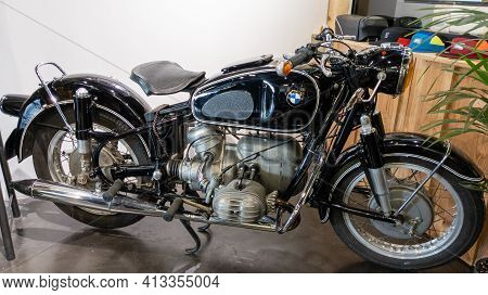 Bordeaux , Aquitaine France - 03 18 2021 : Bmw R51 Motorcycle Old Vintage  Black Bike In Shop Motorb
