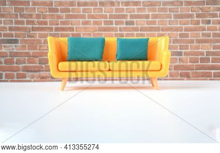 Living Room Space  With  Items Sofa, Pot And Chair On White Foor With Background Brown Brixk Wall Wi