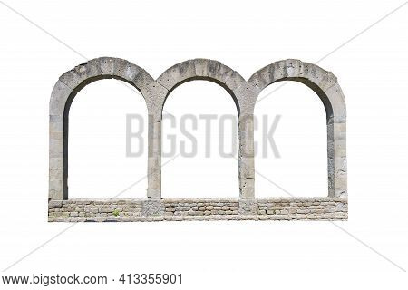 Elements Of Architecture Arch Stone Gate Of Buildings With Three White Blank Doors. Ancient Arches O