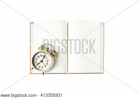 Vingtage Clock On Open Recycle Notebook Empty Page On White Background Isolated And Clipping Page, E