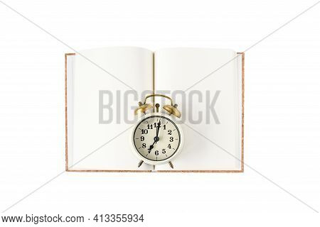 Vingtage Clock On Open Recycle Notebook Empty Page On White Background Isolated And Clipping Page, E