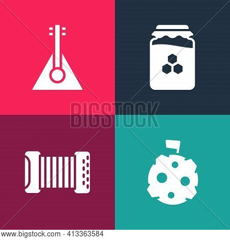 Set Pop Art Moon With Flag, Accordion, Jar Of Honey And Balalaika Icon. Vector