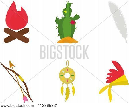 The Flat Design With Indian Tribal Theme Contains Arrows, Headband, Cactus, Traditions, And Traditio