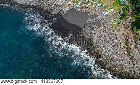 Top Down Aerial Of Traditional Jukung Boats Resting On Beach In Bali. Amed Beach In Bali Indonesia W