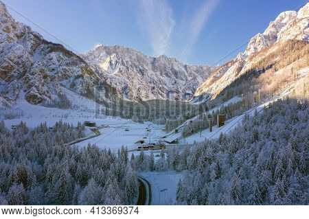 Aerial View Of Ski Jump In Planica, Slovenia At Ratece Near Kranjska Gora In Winter With Snow.