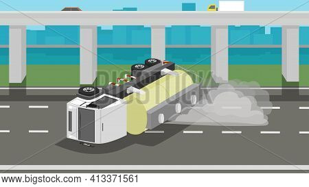 Accident Of Chemical Truck Crashes On The Road And Chemicals Have Leaked By Smoke From The Tank. Obs