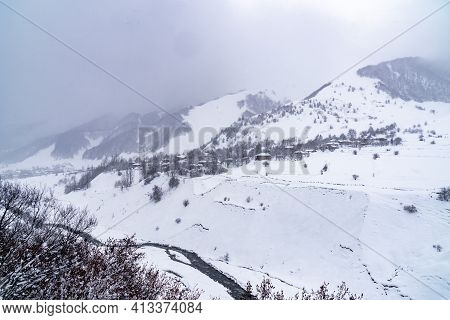 Village Zemo Mleta With Covered Snow, Beautifull Landscape