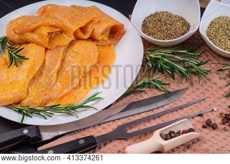 Raw Meat And Chicken.sottilissime.chicken Fillet, Thinly Sliced.marinated Chicken Sottilissime Marin