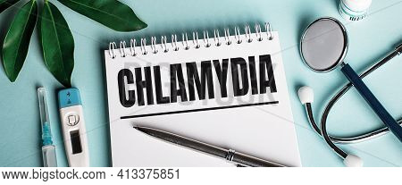 In A White Notebook On A Blue Background, Near A Sheet Of Shefflers, A Stethoscope, A Syringe And An