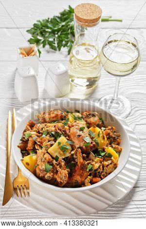 Conejo Al Ajillo, Braised Rabbit With Potatoes, Garlic, White Wine, Salt, And Olive Oil, Spanish Cui