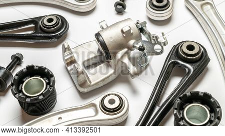 Car Engine Parts. Auto Motor Mechanic Spare Or Automotive Piece On White Background. Set Of New Meta