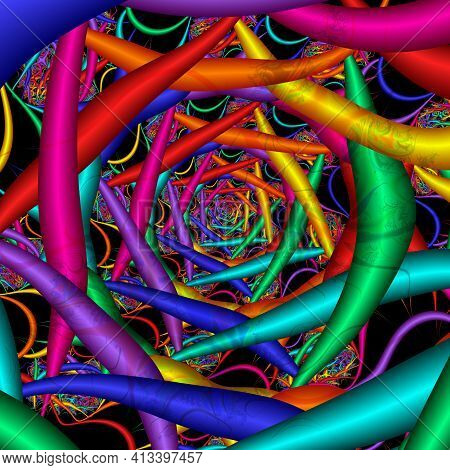 Spatial 3d Sparkling Bright Models Twisted In A Spiral. Fractal Geometric Three-dimensional Pattern 
