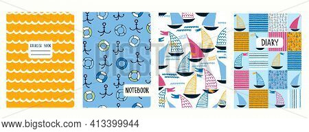 Cover Page Vector Templates With Sailing Boats, Waves, Anchors, Lifesavers. Headers Isolated And Rep