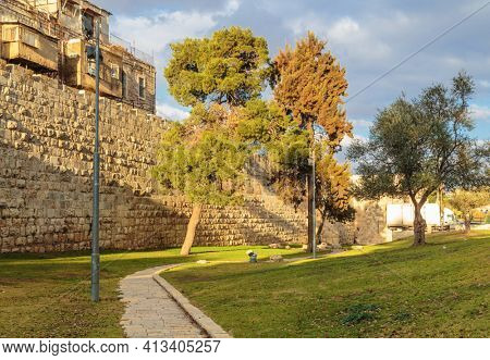 National park on HaTsanhanim street near the walls of the old city in Jerusalem near the Jaffa gate and New Gate 