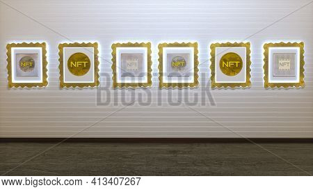 Picture Gallery With Paintings With Nft Inscriptions Hanging On The Wall. Cryptoart Concept. 3D Rend