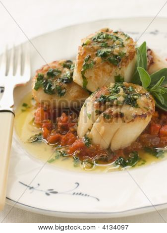 Pan Fried capesante Piperade e burro di aglio