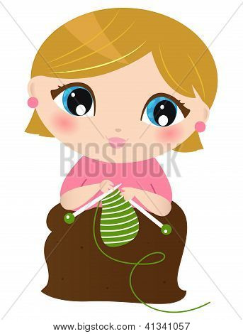 美しい白で隔離の編み物をする女