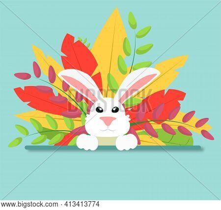 White Hare On A Background Of Flowers And Leaves. Bright Illustration On The Theme Of Spring And Hap