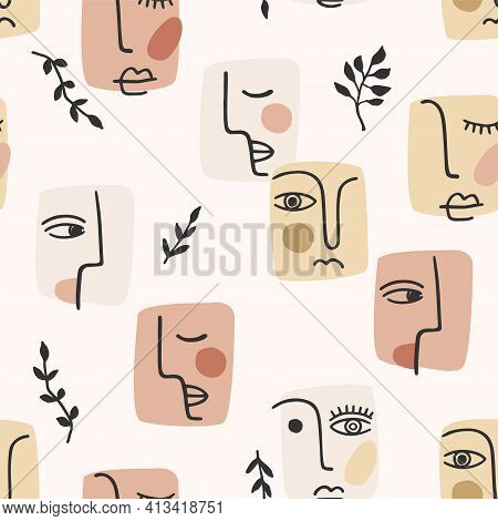 Contemporary Portrait. Vector Seamless Pattern Wtih Trandy Abstract Face Painting. Modern Design