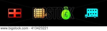 Set Flag Of England, Wooden Barrel, Money Bag With Pound And Double Decker Bus Icon. Vector