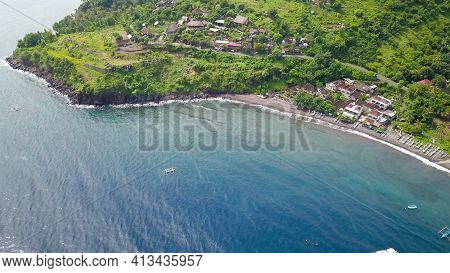 View Overlooking Sunset Point In Jemeluk Beach In Bali, Indonesia. Amed Beach And Jukung Boats On Su