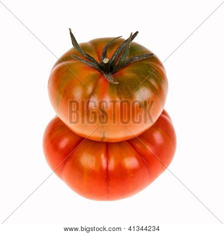 Dwóch pomidorów scheda-Marmande w stos i białym tle. Marmande są kontynentalne selera v