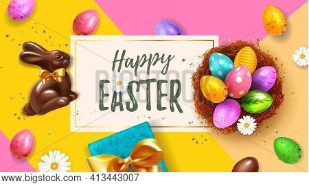Festive Yellow Happy Easter Blue Horizontal Web Banner. Realistic 3d Spring Holiday. Easter Colored 
