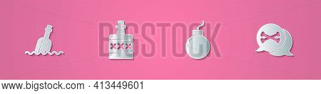 Set Paper Cut Bottle With Message In Water, Alcohol Drink Rum, Bomb Ready To Explode And Location Pi
