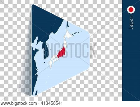 Japan Map And Flag On Transparent Background. Highlighted Japan On Blue Vector Map.
