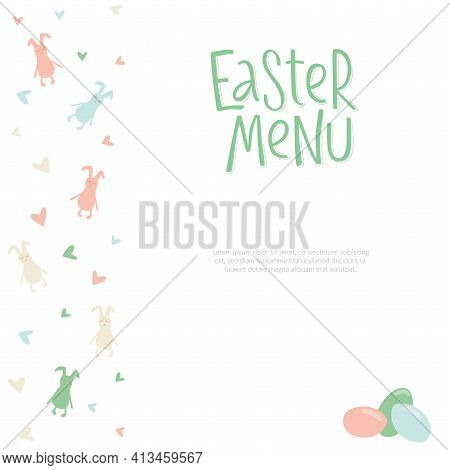 Happy Easter Menu - Rabbit, Bunny Minimalistic Style With Lettering Sign And Frame. Vector Stock Ill