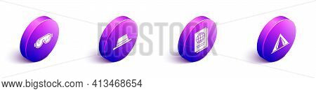 Set Isometric Ski Goggles, Man Hat With Ribbon, Passport And Tourist Tent Icon. Vector