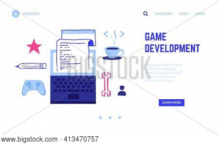 Game Development Landing Page. Programming Vr Entertainment Cyber Project, Writing Digital Code. Web