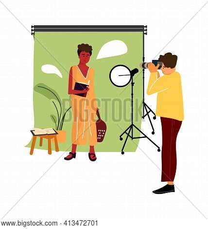 Cartoon Model At Photo Studio. Vector Professional Photographer Occupation, Man Taking Pictures With