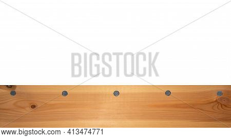 Top View Light Wood Texture Surface With Natural Pattern And Metal Nail Heads Or Hats. Wooden Pine B