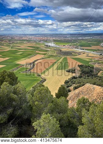 Aerial Image Of The Corredor Del Henares With The Town Of Taracena And Cereal Fields In The Foregrou