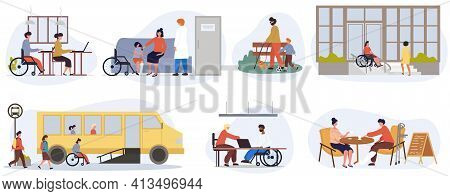 Eight Different Scenes Of Disabled Or Handicapped People Using Wheelchairs, Canes Or Crutches At Dif