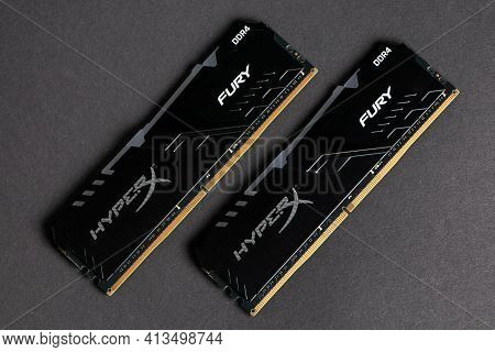 Dnipro. Ukraine. 17 March 2021. Sticks Of Computer Random Access Memory Ram Hyperx. Dark Background.