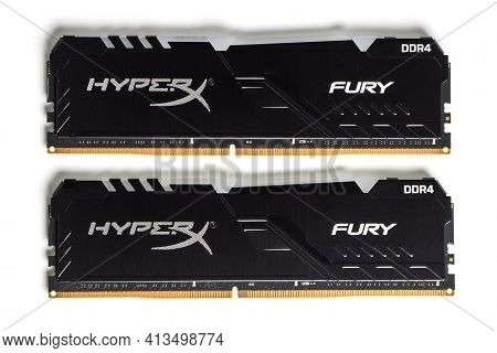 Dnipro. Ukraine. 17 March 2021. Computer Memory Modules Hyperx On The White Background.