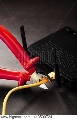Disconnecting The Internet Connection, Cutting Off The Yellow Ethernet Cable With Wire Cutters With
